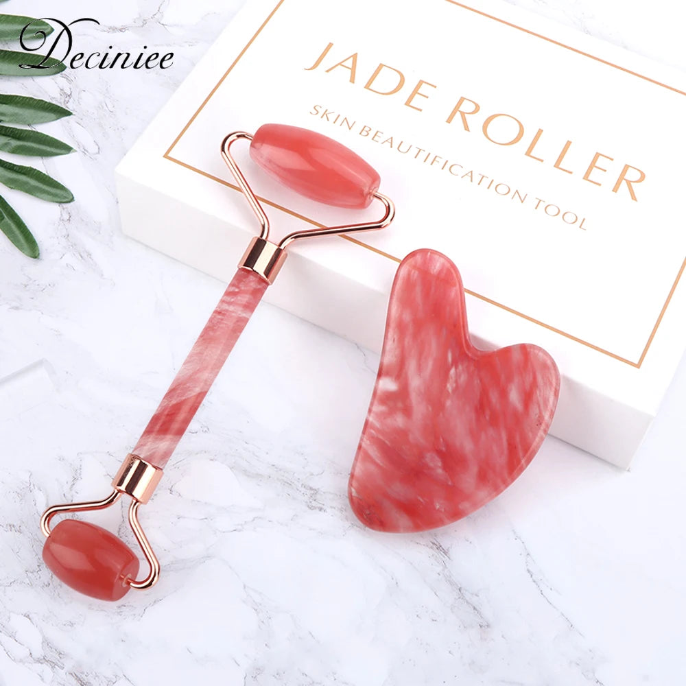 Red Pomegranate Crystal Roller Gua Sha Set Natural Jade Facial Massager