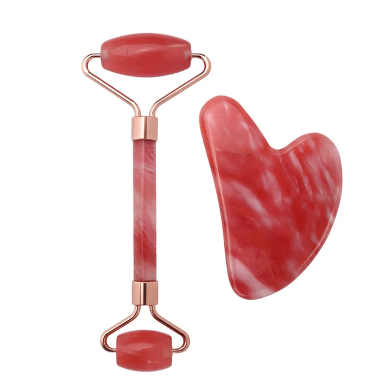 Red Pomegranate Crystal Roller Gua Sha Set Natural Jade Facial Massager